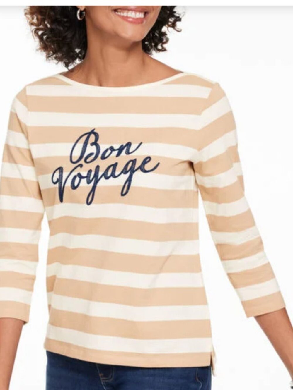 Talbots Boat Neck Beige & White Striped Top with Navy Embroidered Script XLP NWT